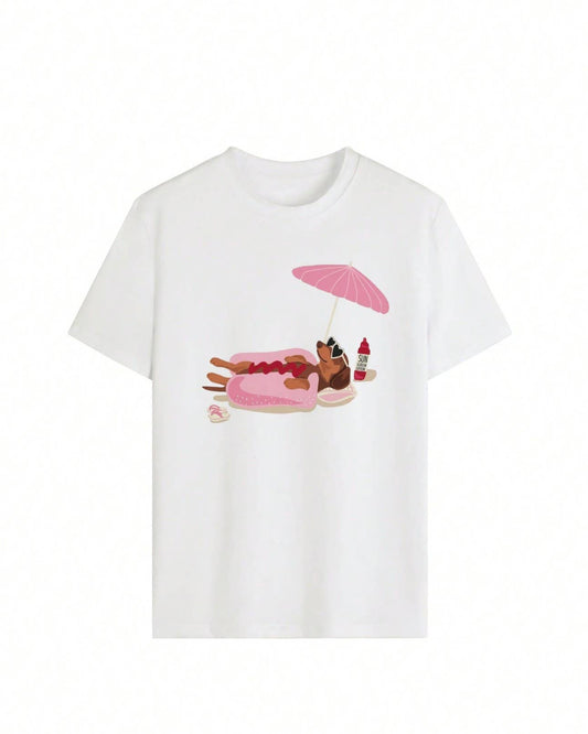 Cute Beach Dachshund Hot Dog Graphic Casual Tee