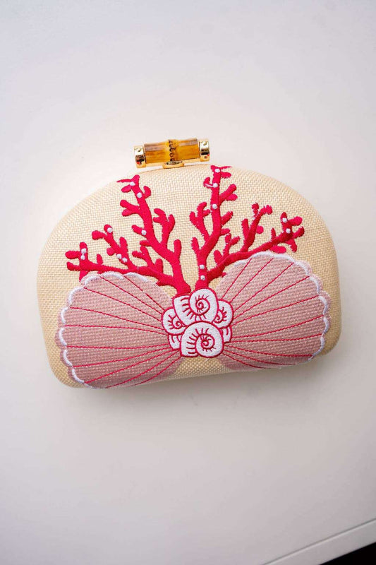 Coral and Shell Clutch- Embroidered