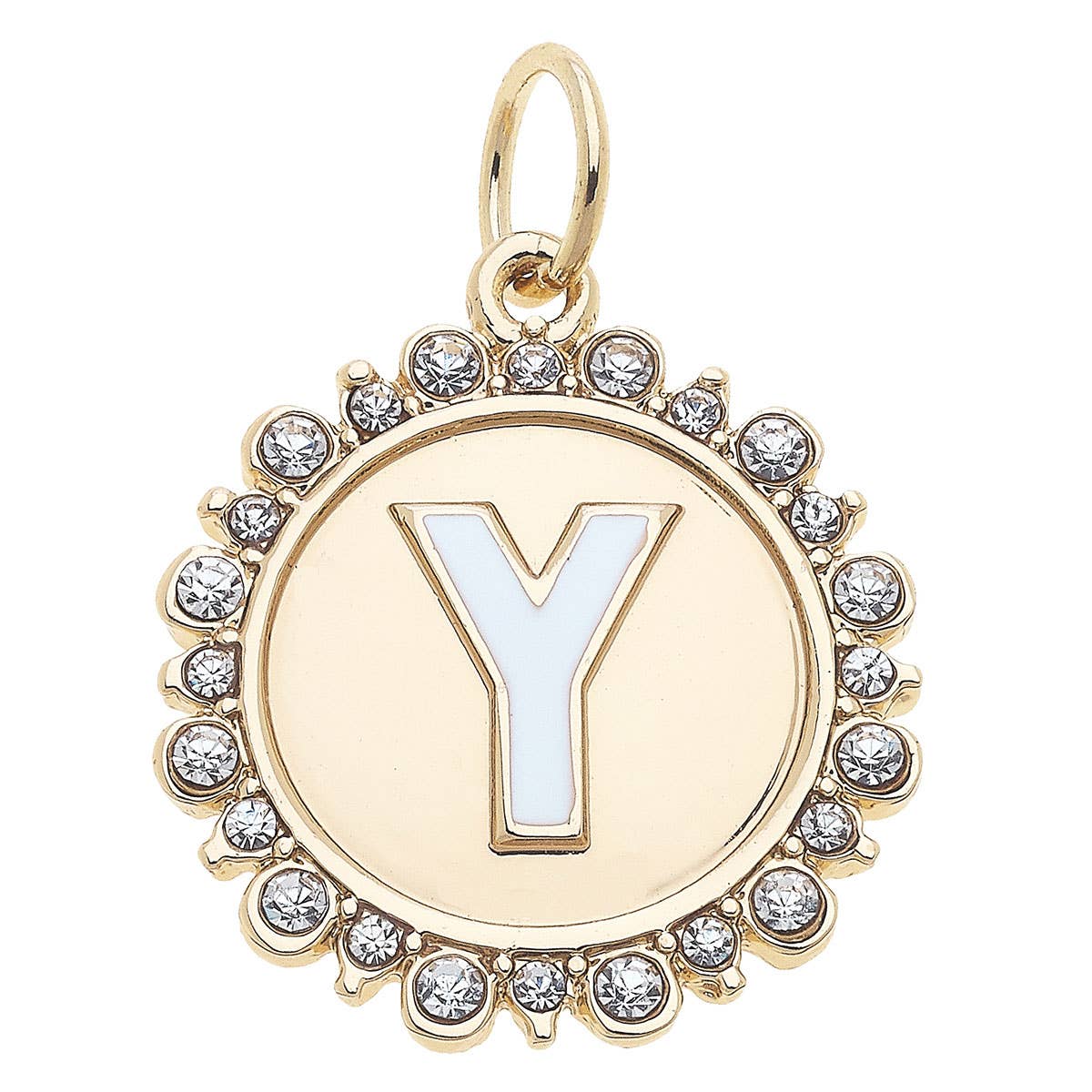 Rhinestone Letter Disc Charm in Shiny Gold
