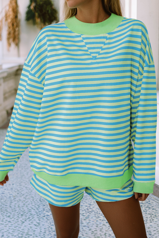 Stripe Colorblock Pullover Elastic Waist Shorts 2pc Set