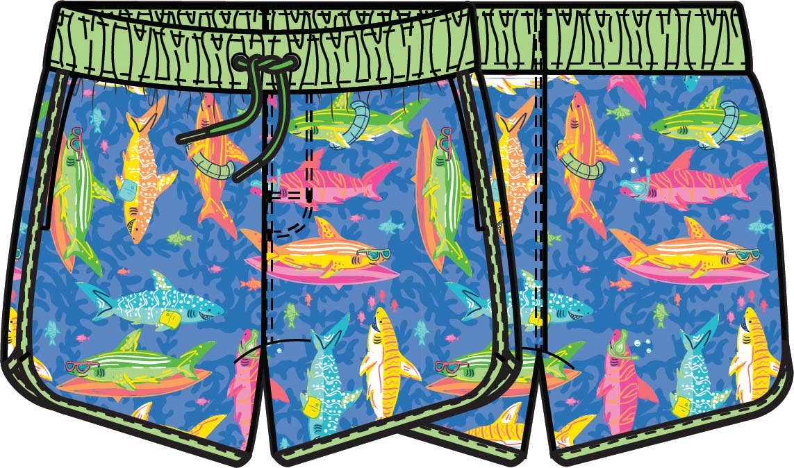 Boys Neon Snorkel Sharks Performance Hybrid Dolphin Hem Swim Trunks