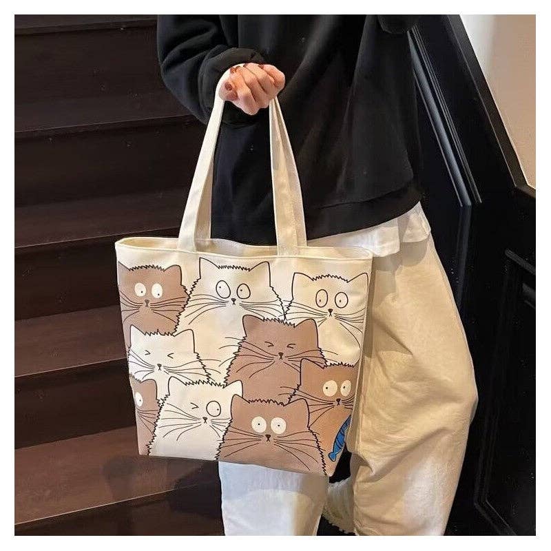 Large Capacity Canvas Tote Cat Cartoon Print