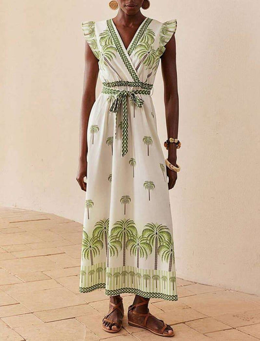 Palm Print Maxi Dress with Flutter Sleeves