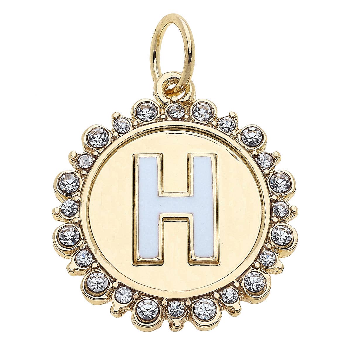 Rhinestone Letter Disc Charm in Shiny Gold