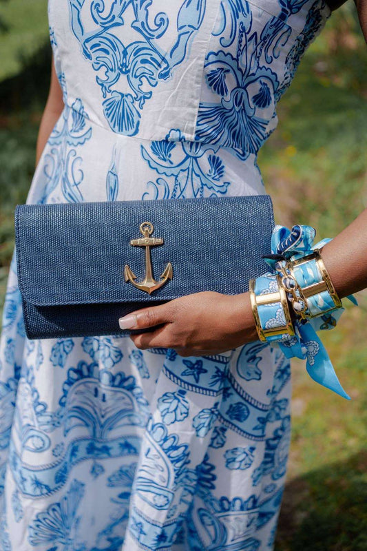 Navy Avery Clutch Straw - Gold Charms-WS