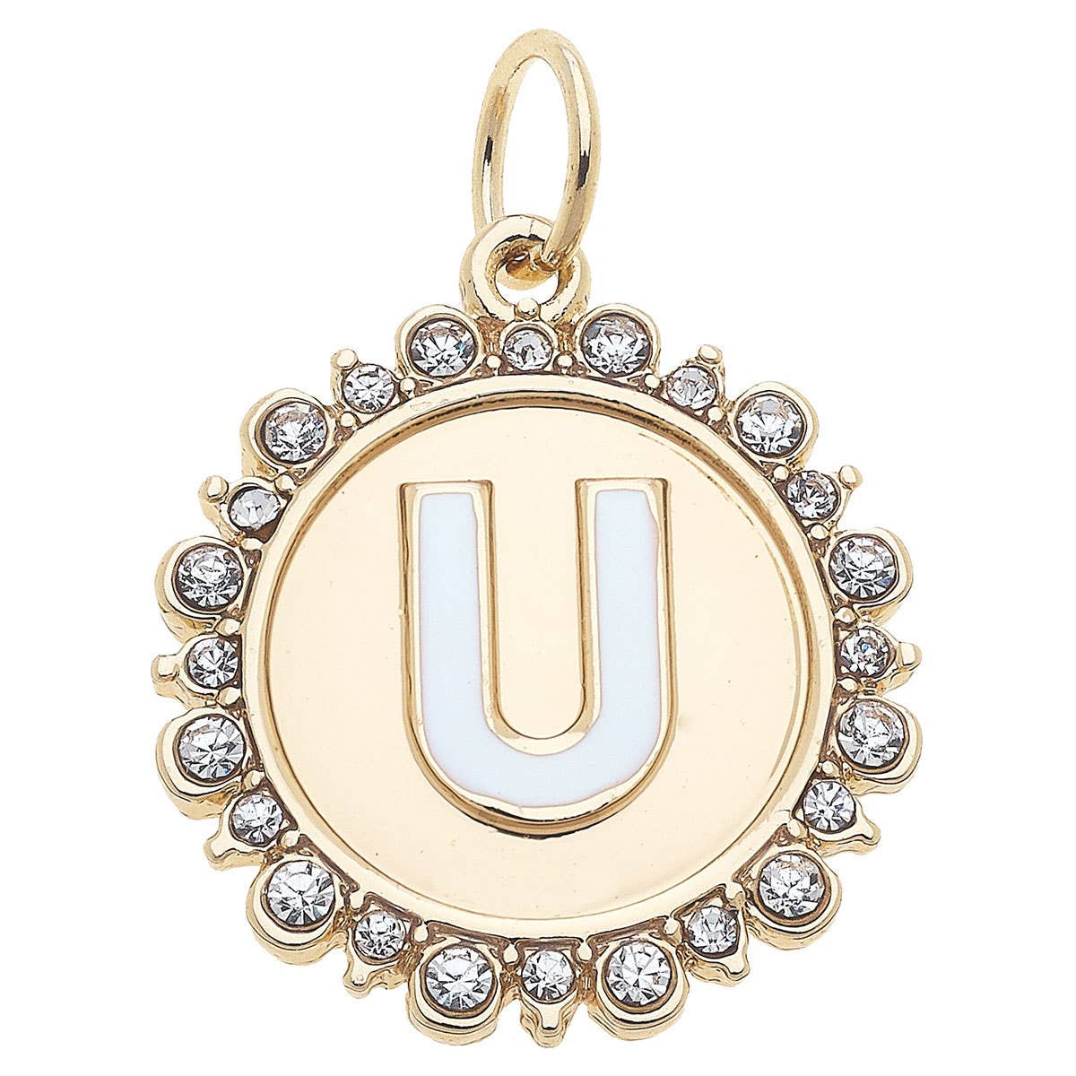 Rhinestone Letter Disc Charm in Shiny Gold