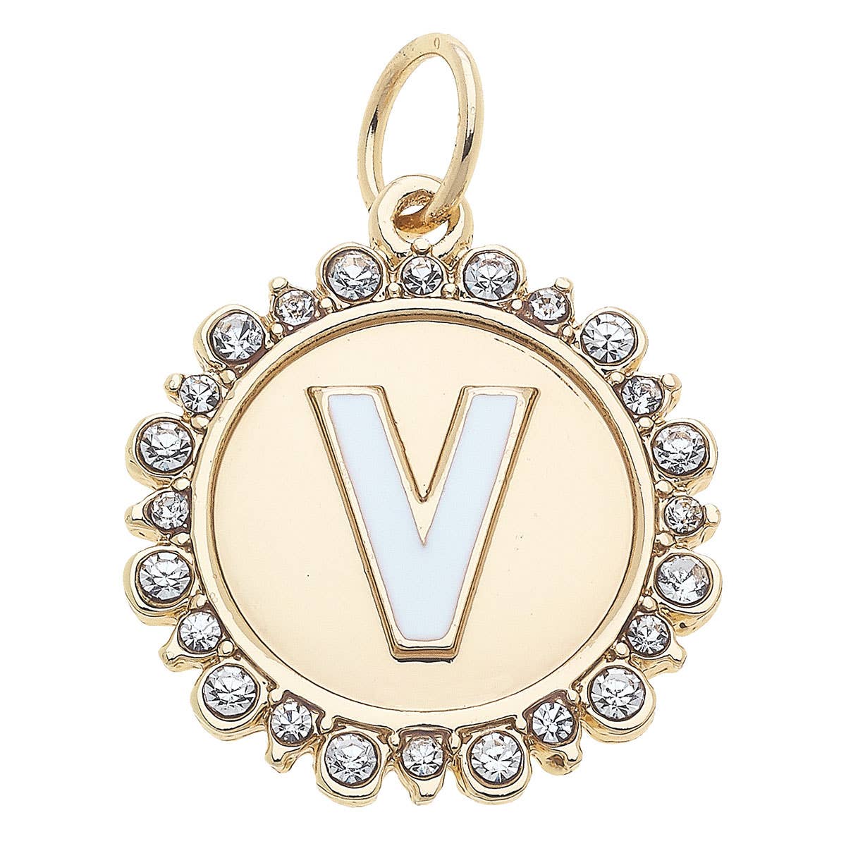 Rhinestone Letter Disc Charm in Shiny Gold