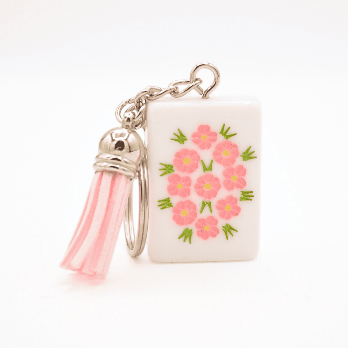 Mahjong Tile Keychain Pink Flowers