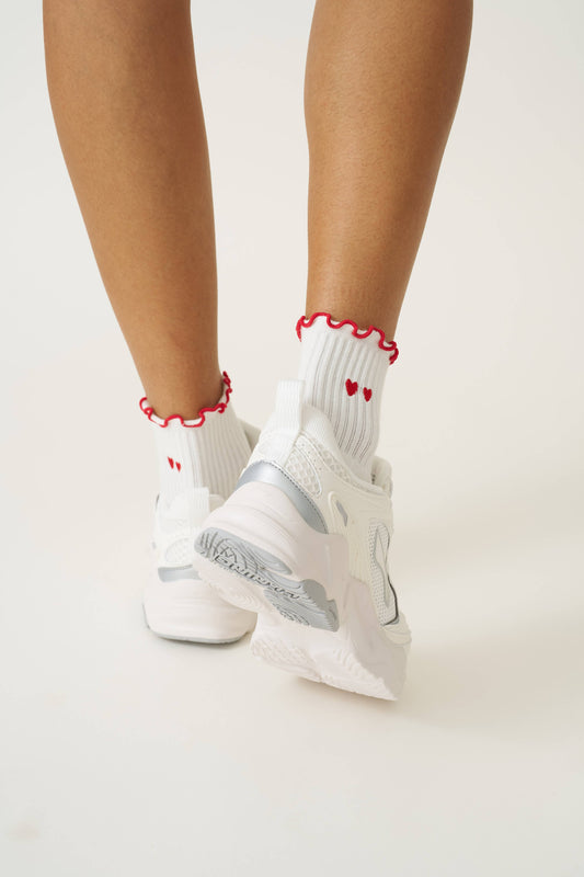 Embroidery Heart Duo Ruffle Grip Sock- Pilates Socks