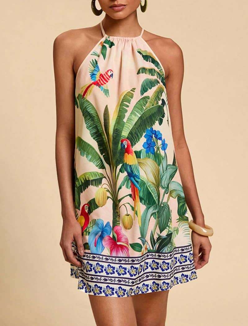 Tropical Halter Neck Mini Dress
