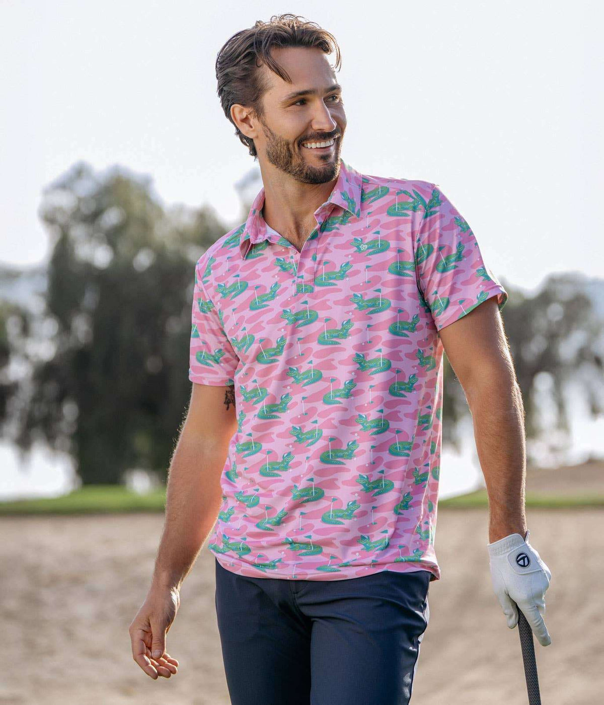 Gator Golfer Pink Men's Golf Polo - Fun Alligator Golf Shirt