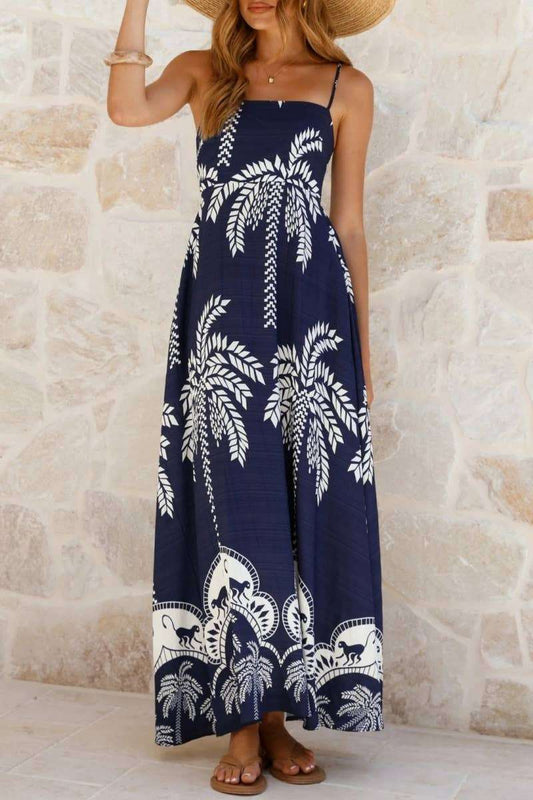 Tropical vacation palm print A-line strappy maxi dress