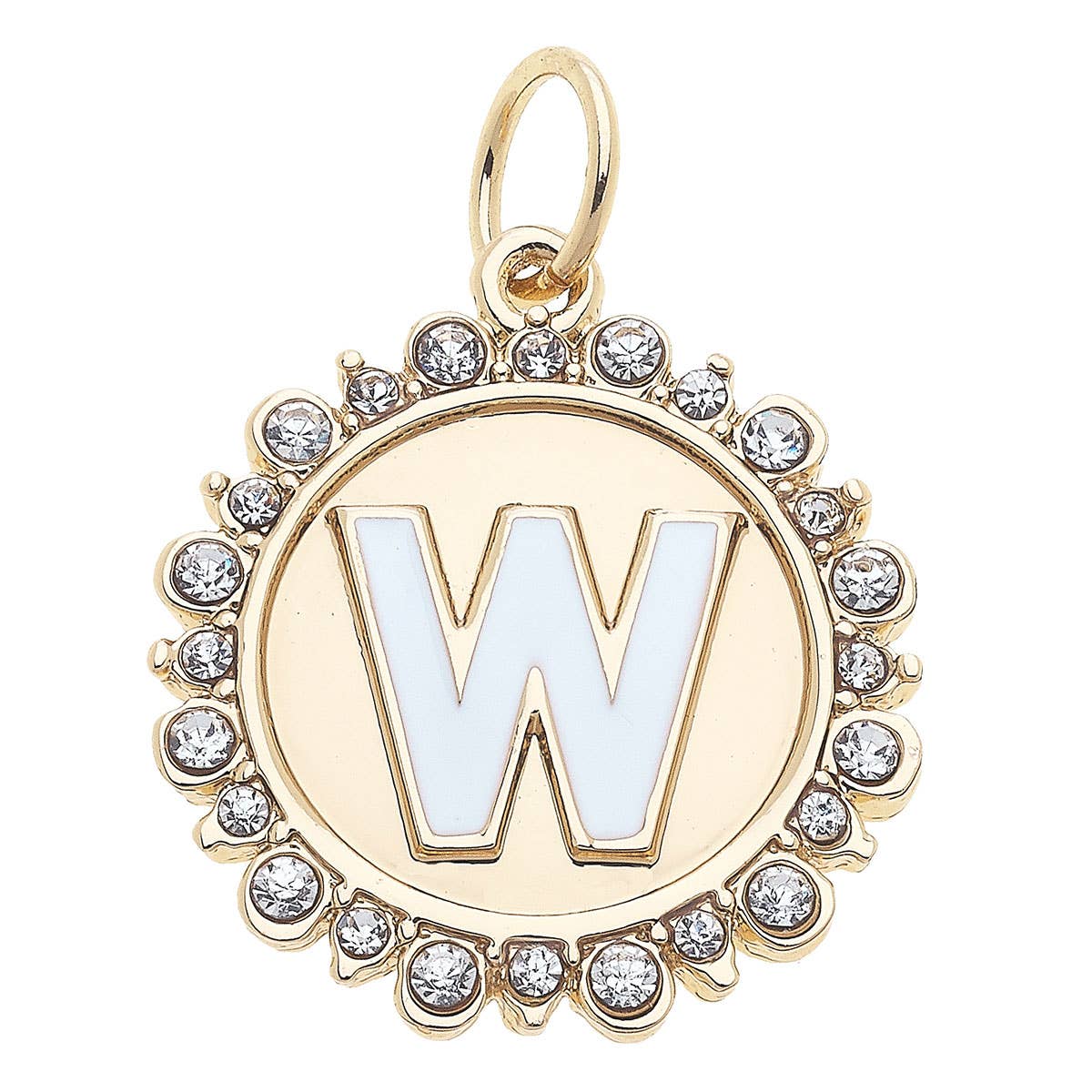 Rhinestone Letter Disc Charm in Shiny Gold