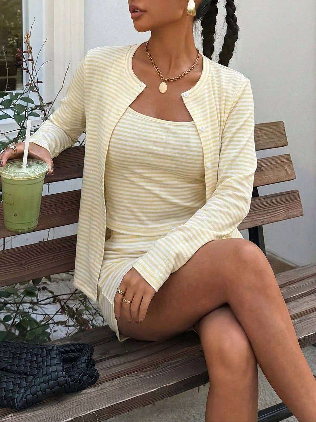 Casual Stripe Polka dots cami & cardigan & shorts 3pc set