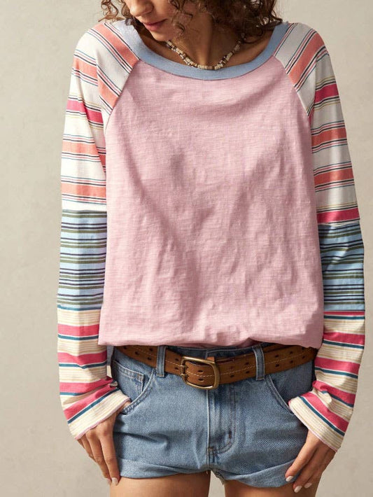 Raglan Sleeve Colorblock Striped Patchwork Top