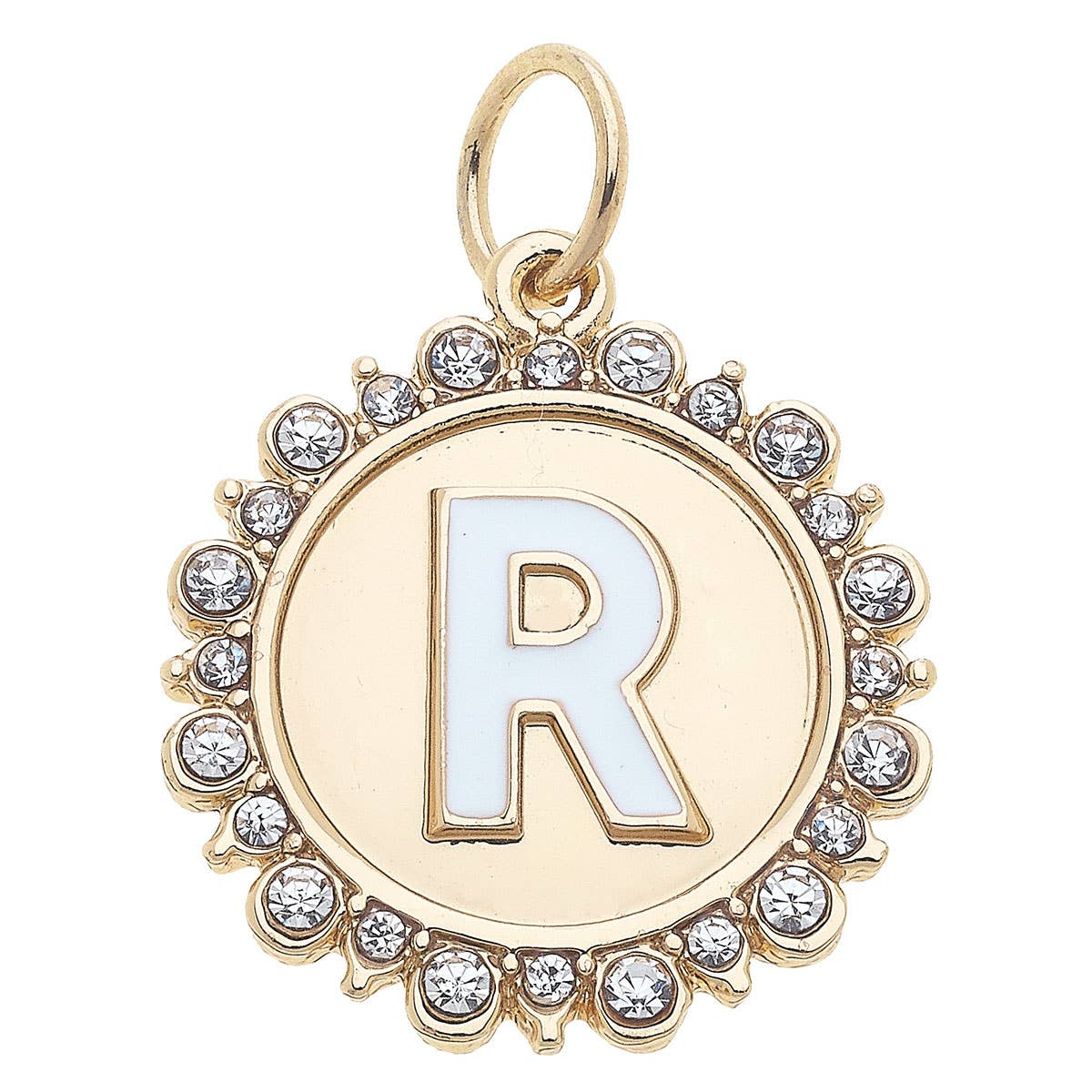 Rhinestone Letter Disc Charm in Shiny Gold