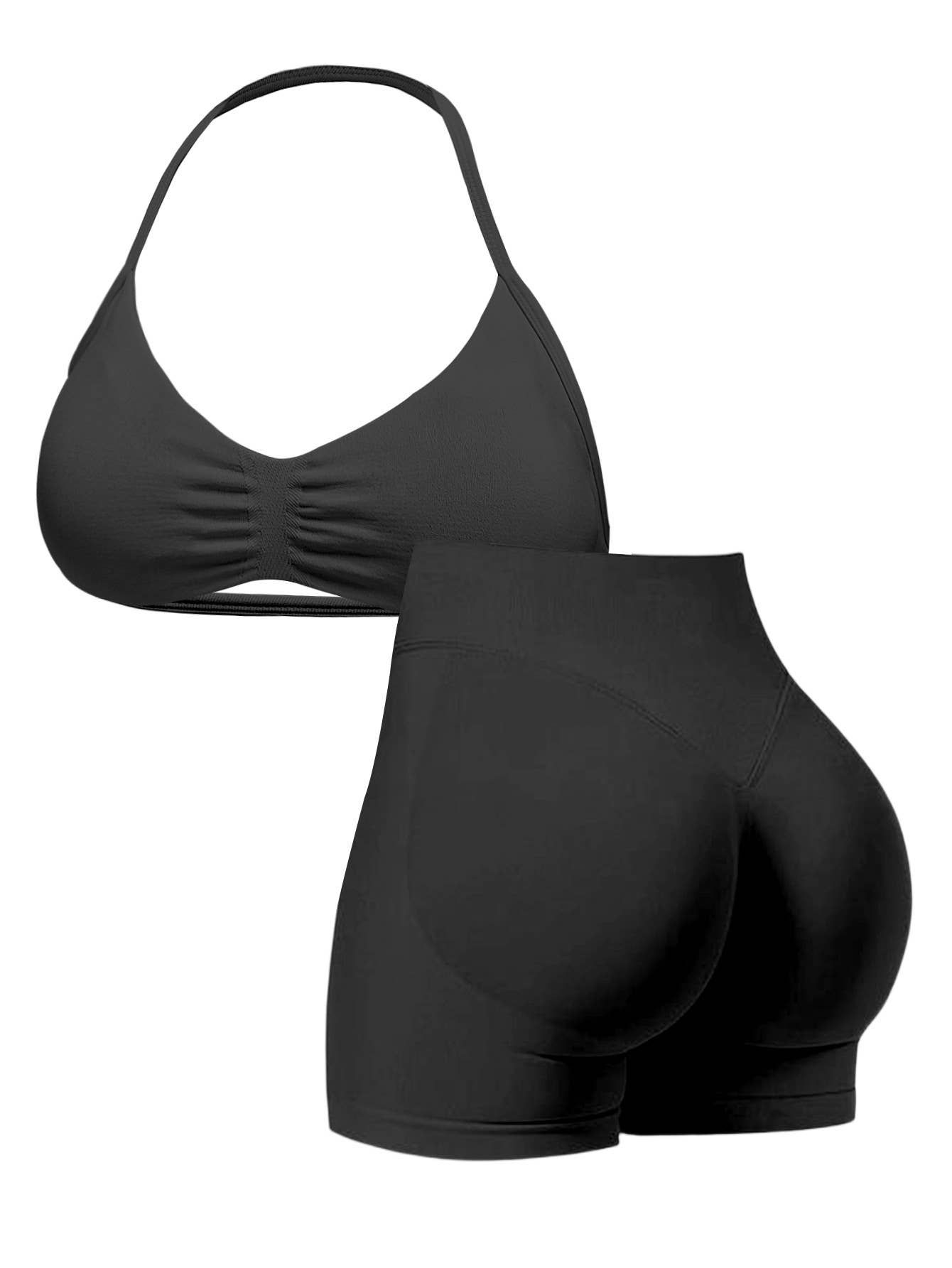 Black Polka Sport Halter Bra Scrunch Shorts Athletic Set