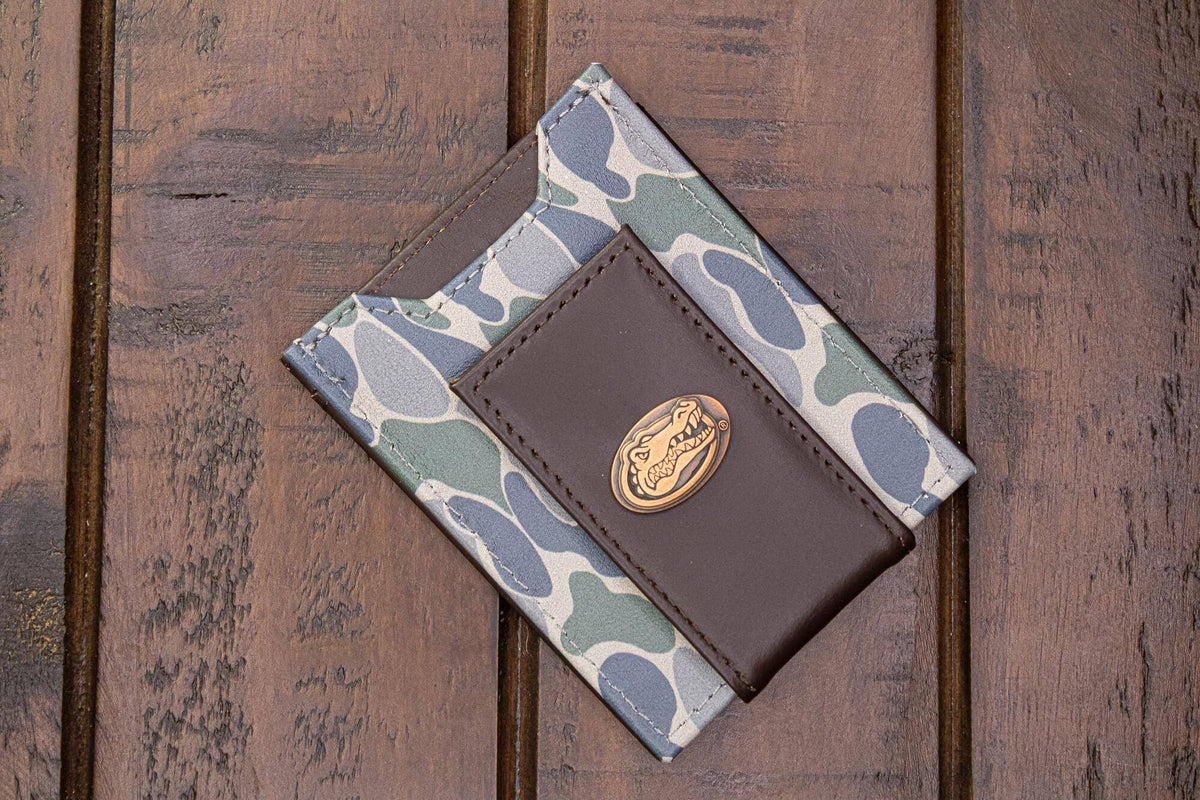 Florida Gators Men's Magnetic Front Pocket Old School Camo Leather Wallet.