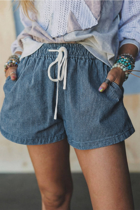 Stripe Drawstring Elastic Waist Casual Denim Shorts