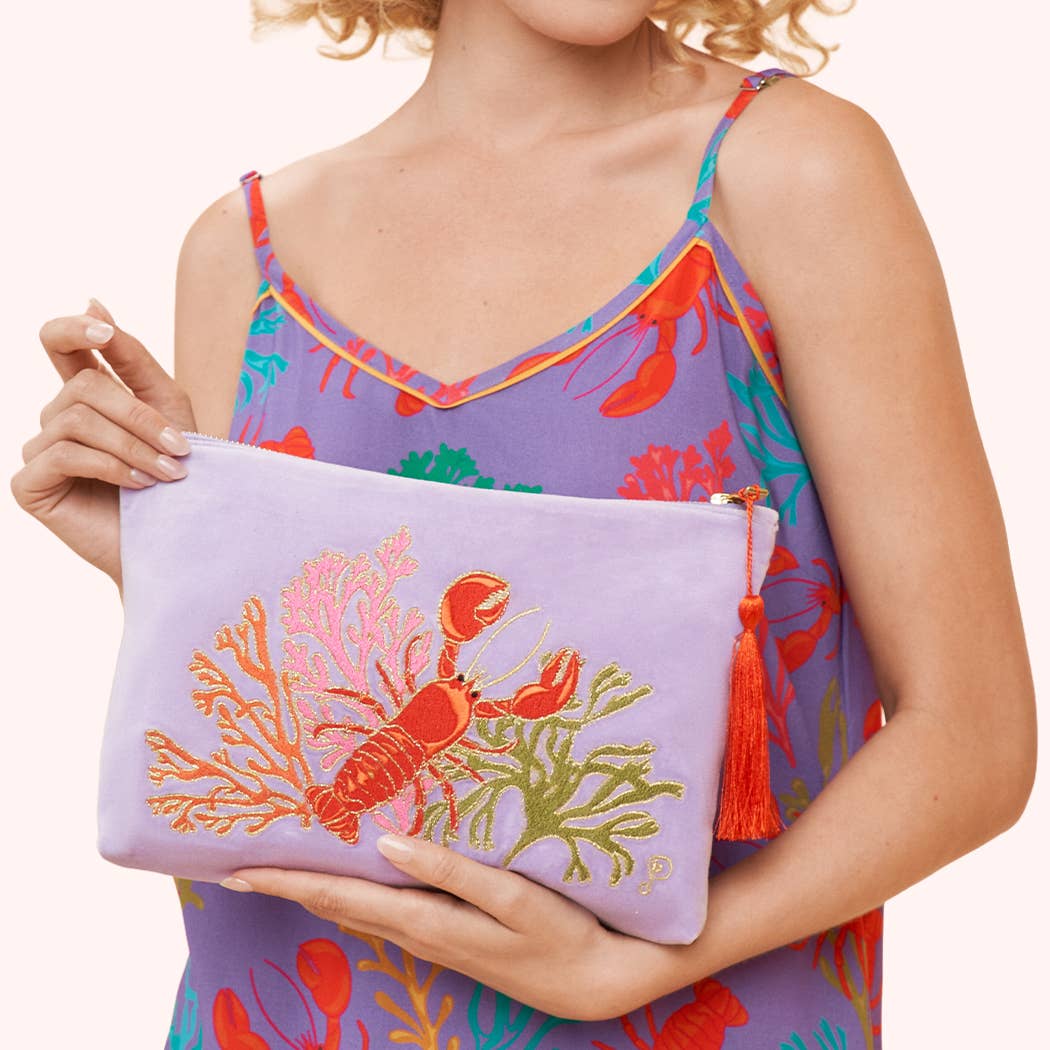 Lobster Buddies Velvet Embroidered Zip Pouch