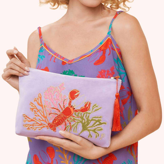 Lobster Buddies Velvet Embroidered Zip Pouch