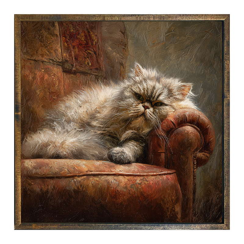 Armchair with Lounging Persian Cat - Square Box Frame