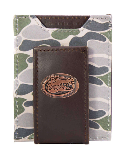 Florida Gators Men's Magnetic Front Pocket Old School Camo Leather Wallet.