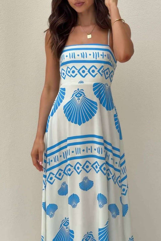 Ocean Inspired scallop print Spaghetti straps maxi dress