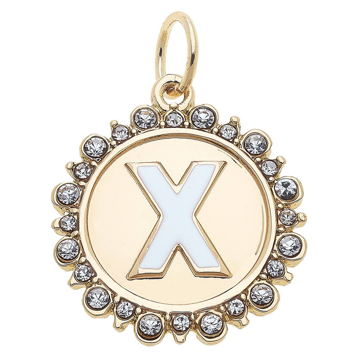 Rhinestone Letter Disc Charm in Shiny Gold
