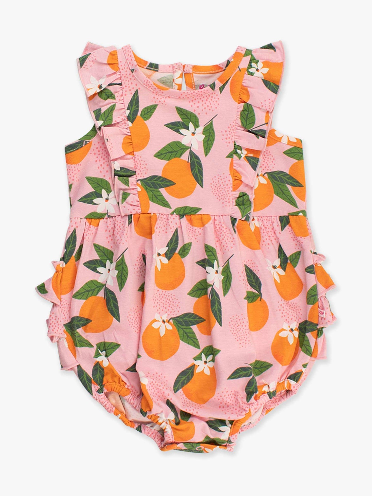 Baby Girls Orange You The Sweetest Sleeveless Waterfall Bubble Romper with Signature Rear Ruffles