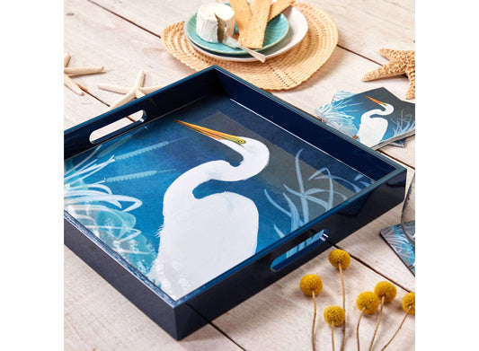 Night Egret Square Lacquer Serving Tray