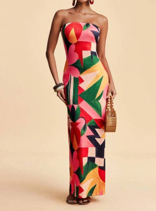 Tropical Floral Print Strapless Maxi Dress Tube Dress
