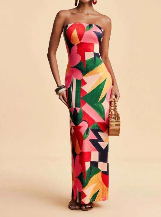 Tropical Floral Print Strapless Maxi Dress Tube Dress