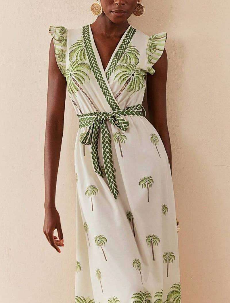 Palm Print Maxi Dress with Flutter Sleeves