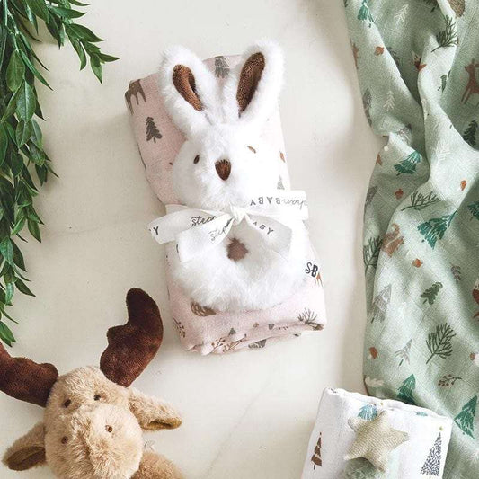 Pink Woodland Swaddle with Bunny Rattle