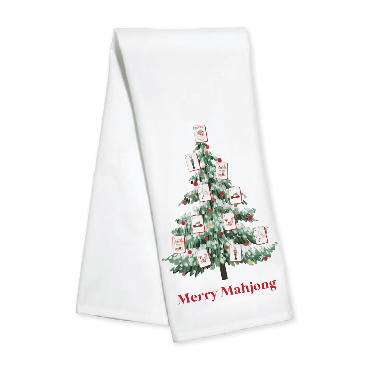 A white kitchen towel featuring a printed illustration of a Christmas tree decorated with mahjong tiles, with the text 'Merry Mahjong' in red at the bottom, shown on a plain white background.