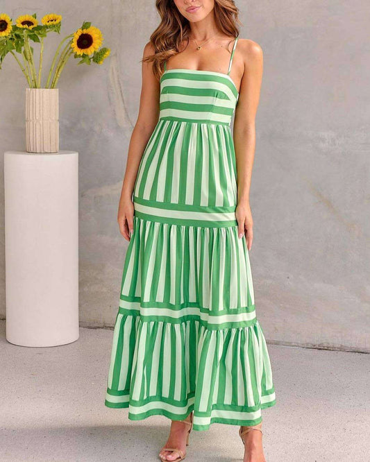 Horizontal And Vertical Stripe Print Slip Backless Dress