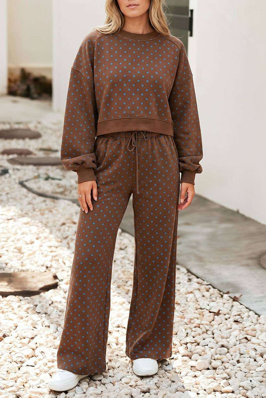 Polka Dot Drawstring Wide Leg Pants Set