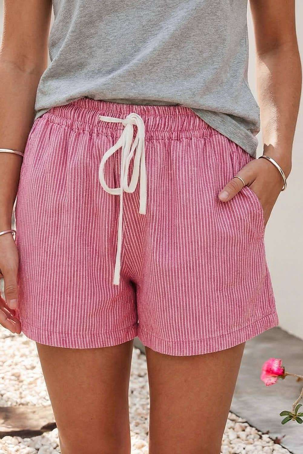Stripe Drawstring Elastic Waist Casual Denim Shorts