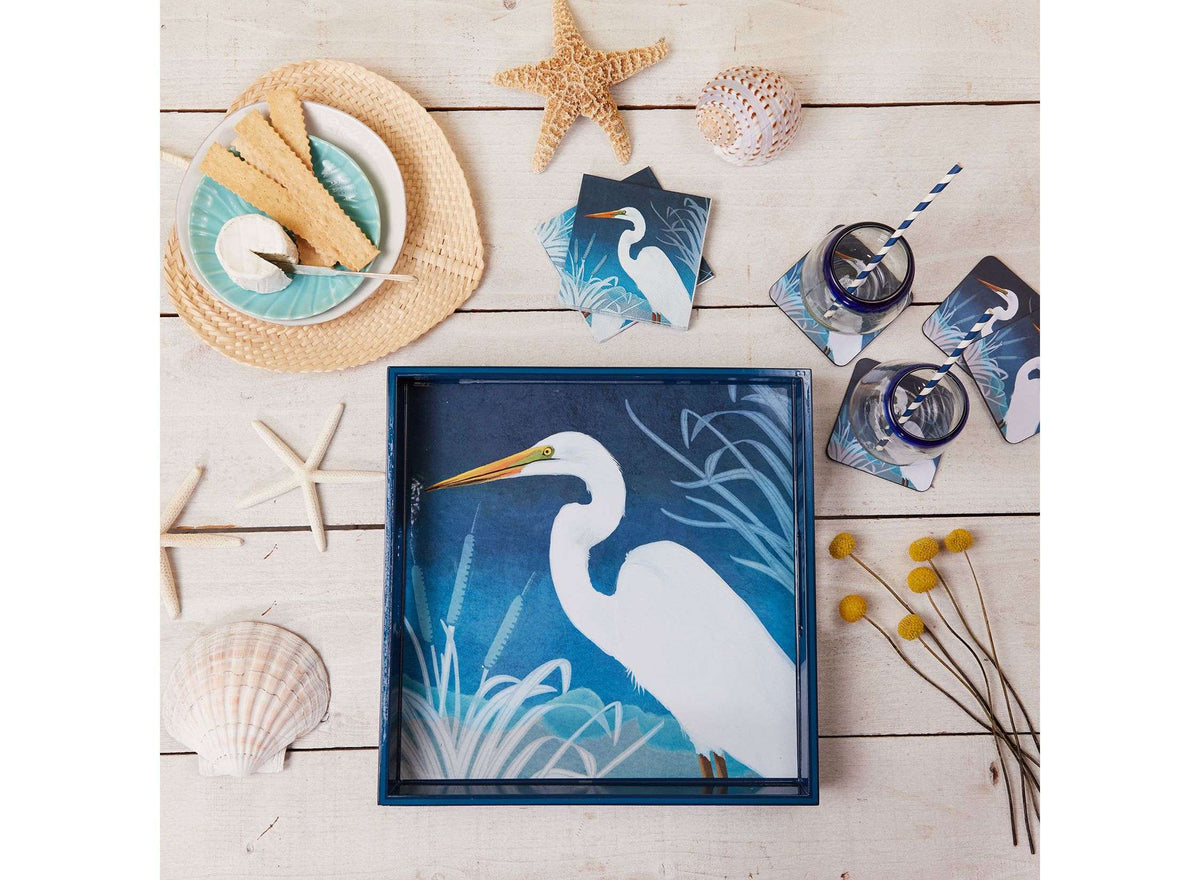 Night Egret Square Lacquer Serving Tray