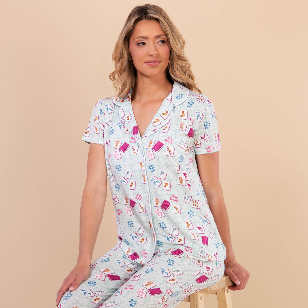 Mahj Squad Pajama Top | Soft Teal Mahjong PJs for Women
