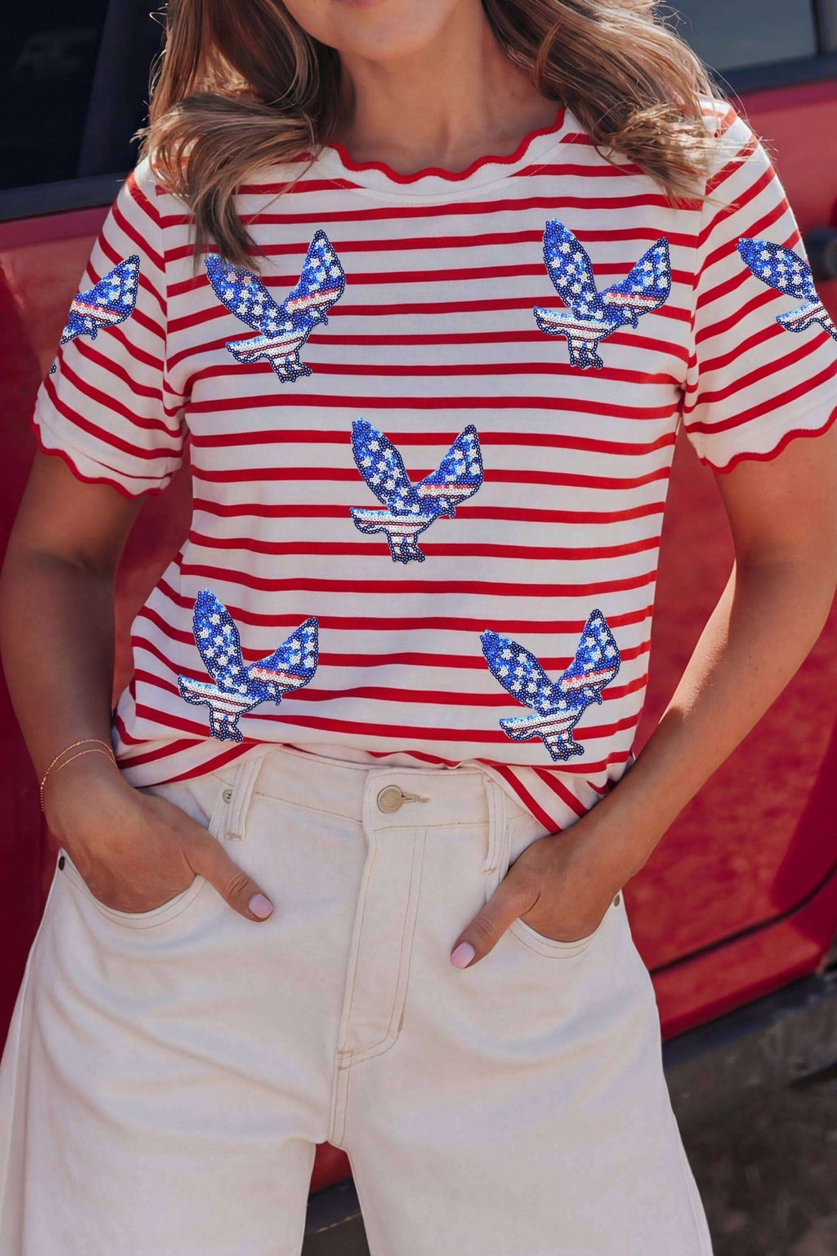 Scalloped Trim Round Neck Stripe T Shirt