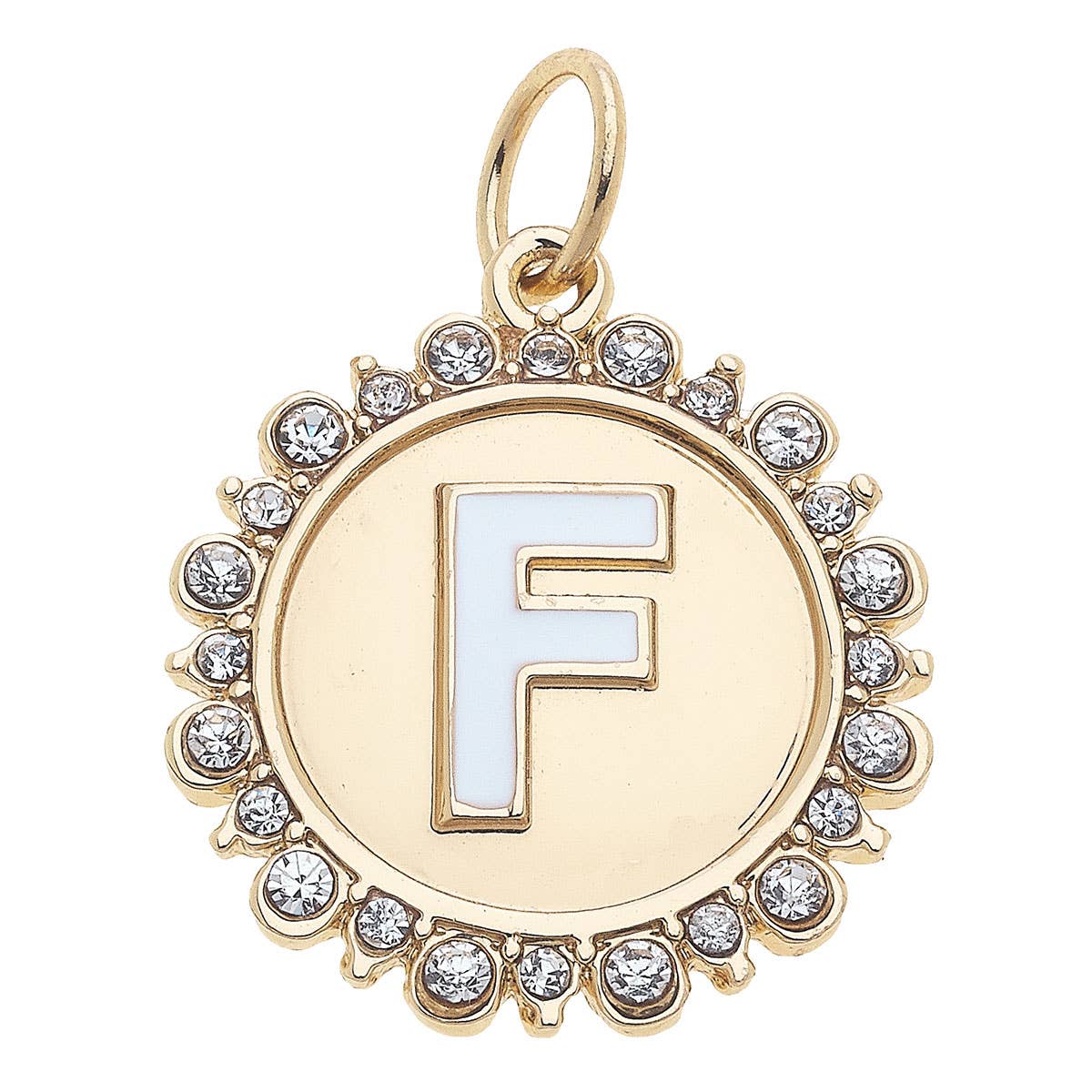 Rhinestone Letter Disc Charm in Shiny Gold