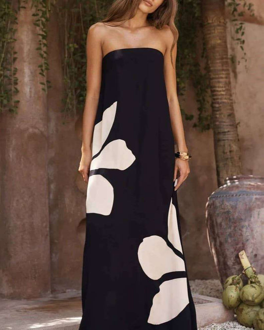 Boho Floral Print Bandeau A-line Maxi Dress