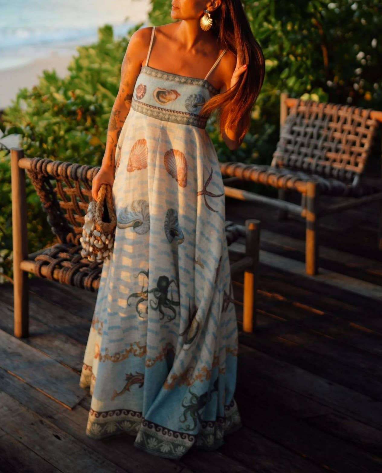 Sea Creature Print Beach Vacation Style Cami Dress