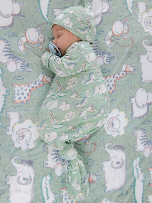 SoftSnooze™ Baby Bamboo Viscose Sage Safari Knotted Sleep Gown & Hat Set