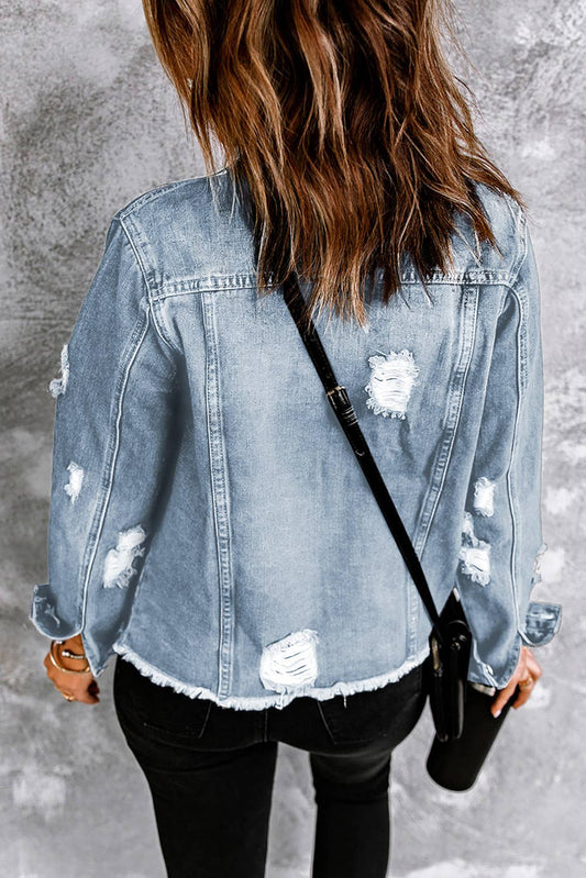 Distressed Raw Hem Buttons Denim Jacket