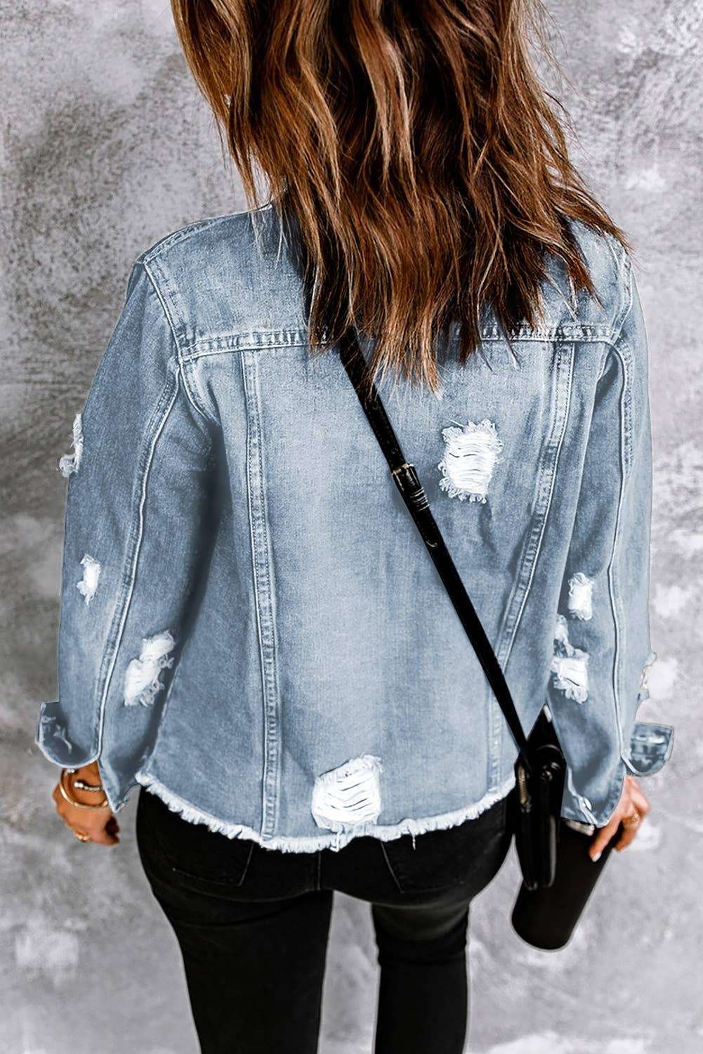 Distressed Raw Hem Buttons Denim Jacket
