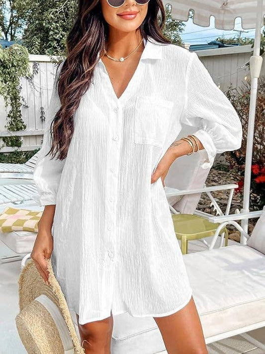 Cuffs Lace-Up Shirt Beach Sunscreen Cover-Up Dress
