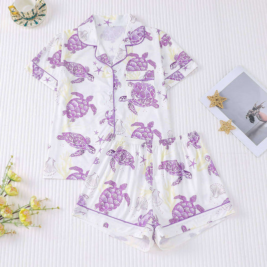 Cozy Cute Ocean Seashell Turtle Print Short Pajama Set